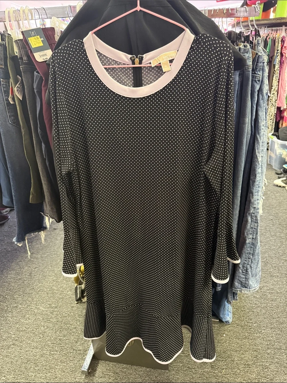 Black Polka Dot A-Line Dress with Pale White Trim